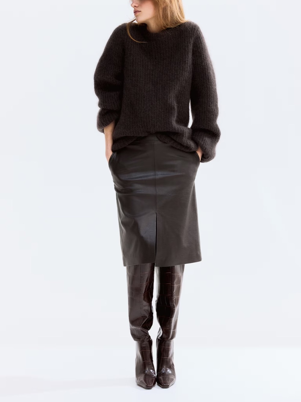 H&M Black Faux Leather Pencil Skirt with Front Vent and Pockets